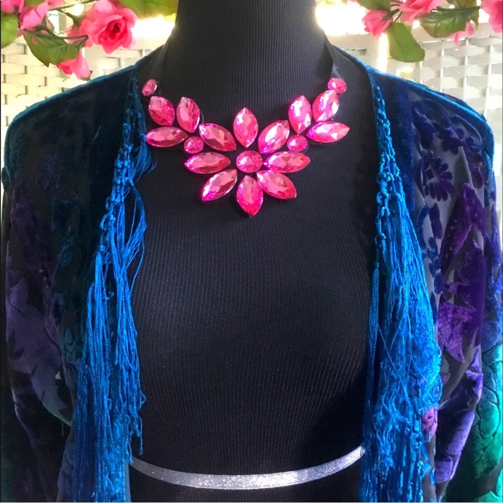 Pink Rhinestone Floral Statement Necklace Flower Crystal Bib - Picture 5 of 8